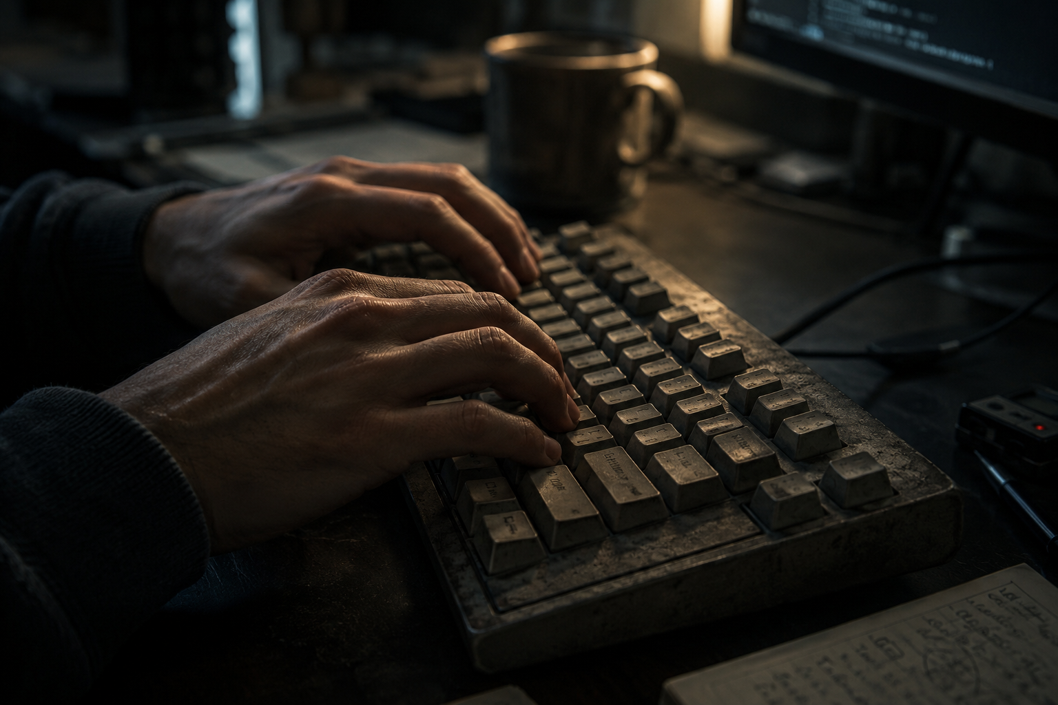 A pair of hands typing on a mechanical keyboard in low light.