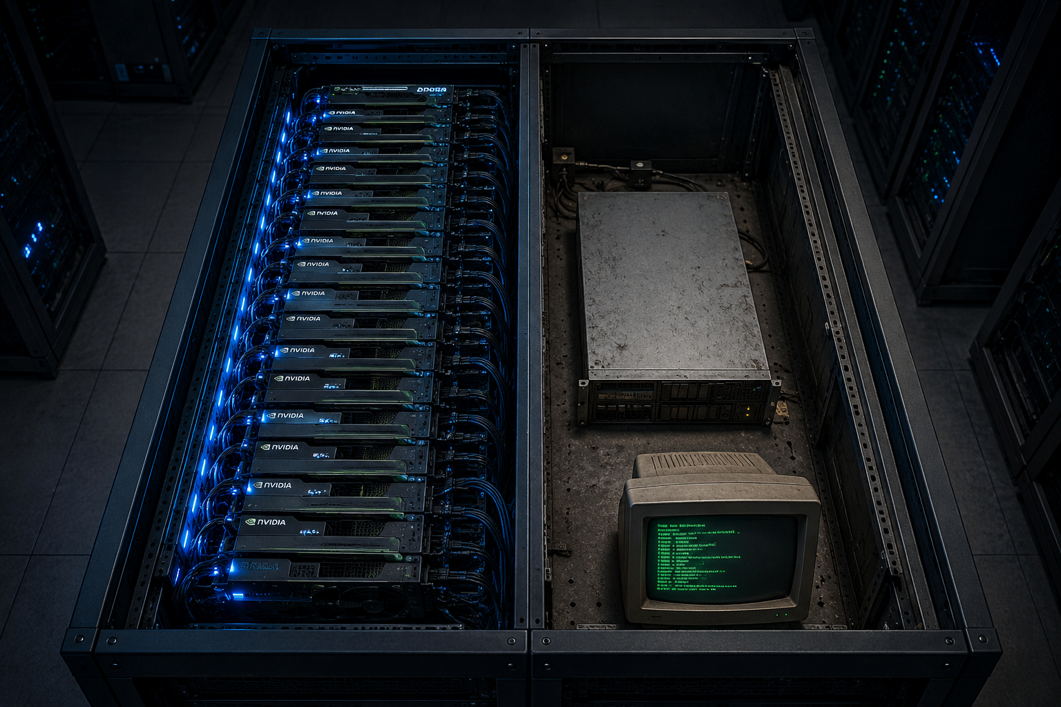 A split-view illustration of a data center rack — modern GPU stack on one side, single ten-year-old server on the other.
